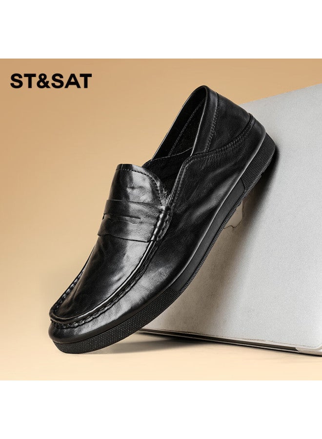 St&Sat Men'S Top Layer Leather Business Formal Shoes Lightweight Slip-On Casual Shoes Black Size 42 - Image 4