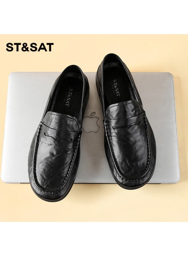 St&Sat Men'S Top Layer Leather Business Formal Shoes Lightweight Slip-On Casual Shoes Black Size 42 - Image 3
