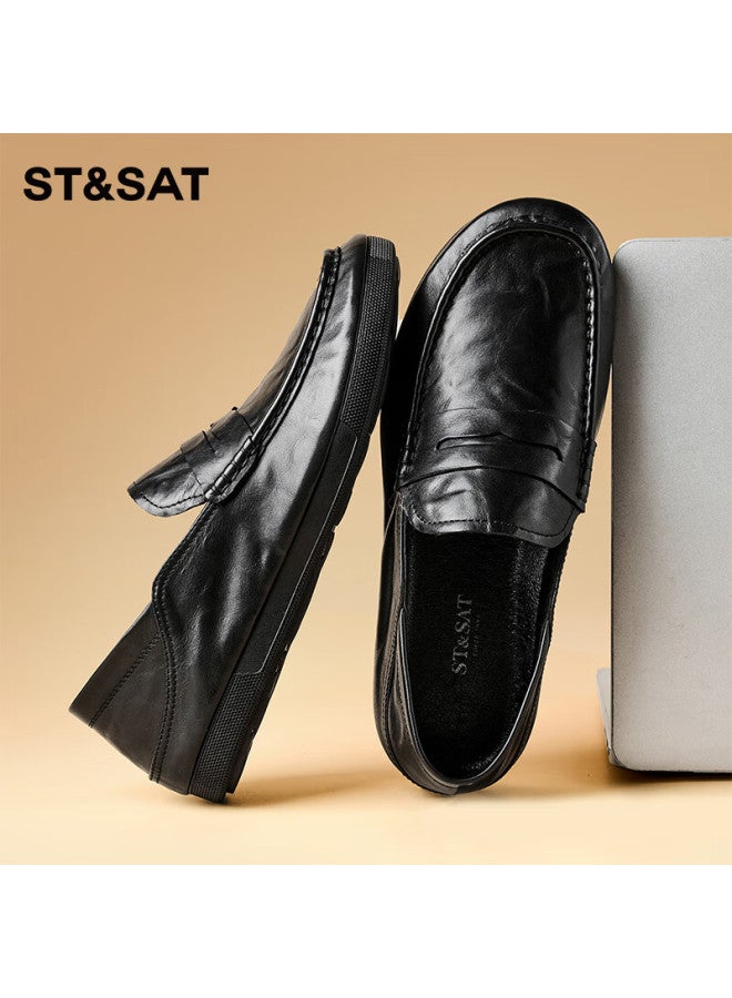 St&Sat Men'S Top Layer Leather Business Formal Shoes Lightweight Slip-On Casual Shoes Black Size 42 - Image 5