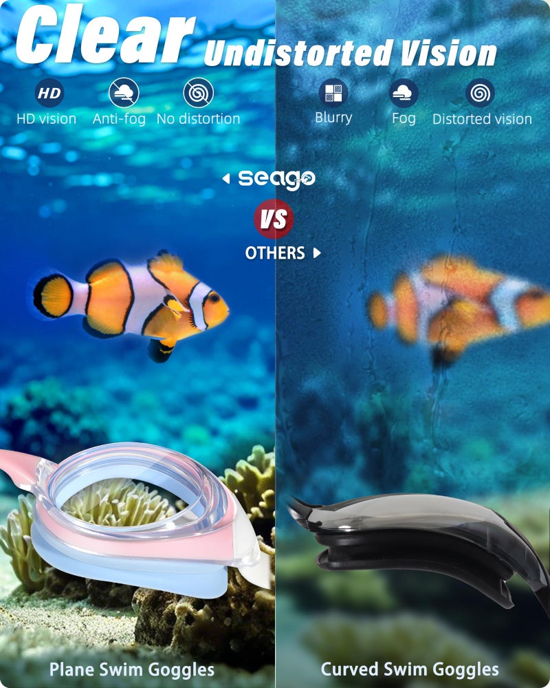 Seago Swimming Goggles 2 Pack Anti Fog Goggles Swimming UV Protection Fit for Adult Men Women Youth Junior, No Leaking Soft Silicone Seal Flat Lens Clear Vision, 3 Sizes of Nose Bridge - Image 4