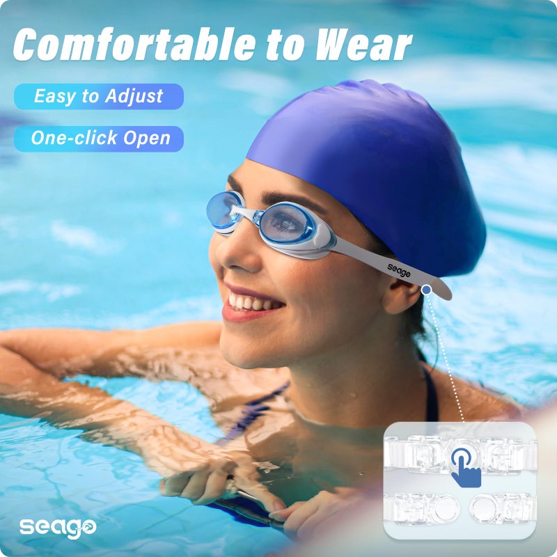 Seago Swimming Goggles 2 Pack Anti Fog Goggles Swimming UV Protection Fit for Adult Men Women Youth Junior, No Leaking Soft Silicone Seal Flat Lens Clear Vision, 3 Sizes of Nose Bridge - Image 3