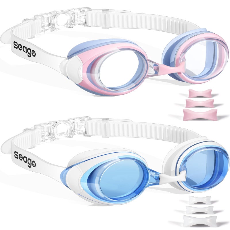 Seago Swimming Goggles 2 Pack Anti Fog Goggles Swimming UV Protection Fit for Adult Men Women Youth Junior, No Leaking Soft Silicone Seal Flat Lens Clear Vision, 3 Sizes of Nose Bridge - Image 1