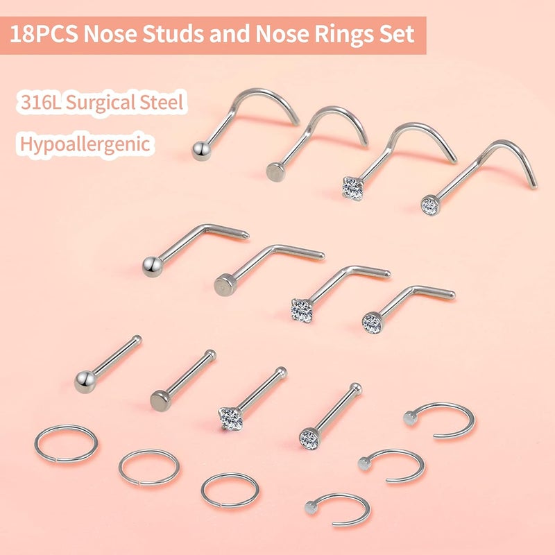Lucktree Store Surgical Steel Nose Piercing Jewelry - 20G & 18G Nose Rings & Studs, Hoops 8mm-12mm, CZ Diamond 1.5mm-3mm, L-Shaped & Hoop Styles for Women & Men - Image 2