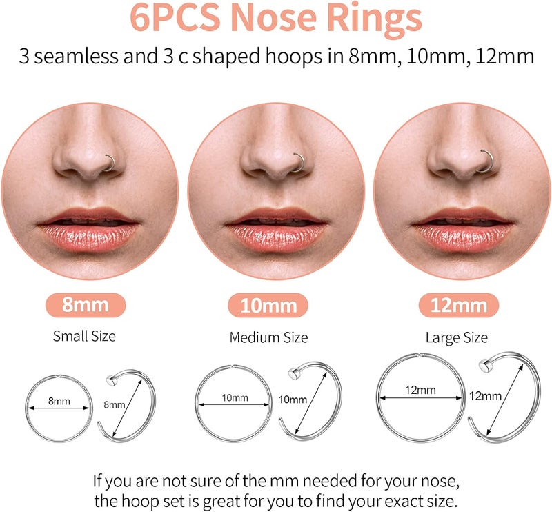 Lucktree Store Surgical Steel Nose Piercing Jewelry - 20G & 18G Nose Rings & Studs, Hoops 8mm-12mm, CZ Diamond 1.5mm-3mm, L-Shaped & Hoop Styles for Women & Men - Image 3