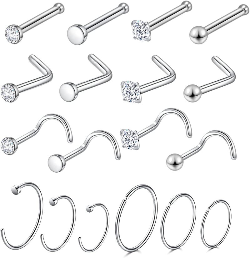 Lucktree Store Surgical Steel Nose Piercing Jewelry - 20G & 18G Nose Rings & Studs, Hoops 8mm-12mm, CZ Diamond 1.5mm-3mm, L-Shaped & Hoop Styles for Women & Men - Image 1