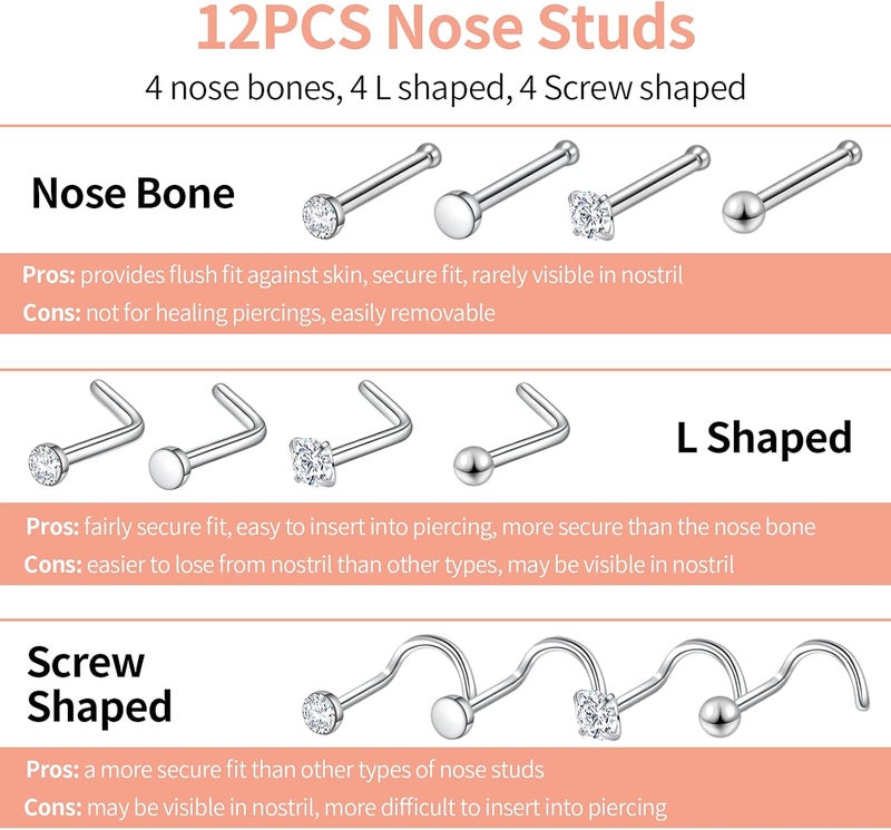 Lucktree Store Surgical Steel Nose Piercing Jewelry - 20G & 18G Nose Rings & Studs, Hoops 8mm-12mm, CZ Diamond 1.5mm-3mm, L-Shaped & Hoop Styles for Women & Men - Image 4