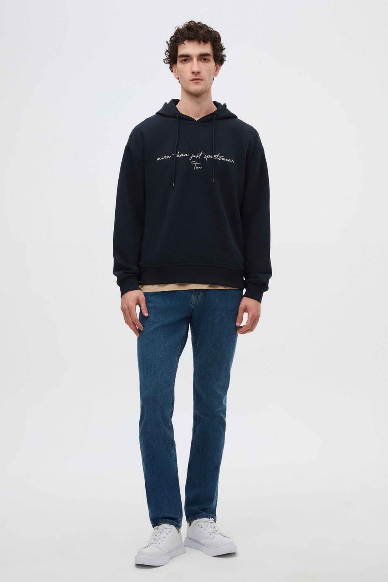 twn Relaxed Fit Navy Blue Embroidered 3 Thread Hooded Sweatshirt - Image 4