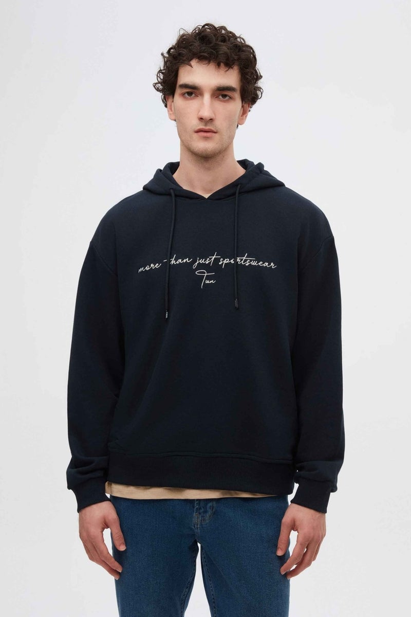 twn Relaxed Fit Navy Blue Embroidered 3 Thread Hooded Sweatshirt - Image 1