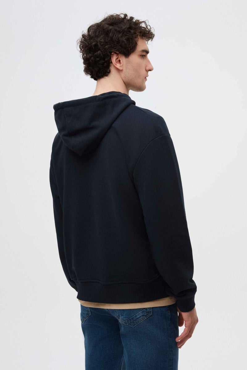twn Relaxed Fit Navy Blue Embroidered 3 Thread Hooded Sweatshirt - Image 3
