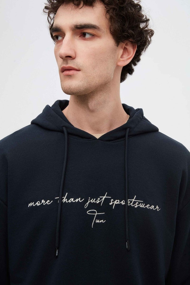 twn Relaxed Fit Navy Blue Embroidered 3 Thread Hooded Sweatshirt - Image 2