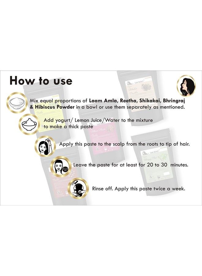 Laam Amla Reetha Shikakai Bhringraj & Hibiscus Powder ; Results In One Wash ; Long Strong & Black Hair Naturally (5X250 G) - Image 4