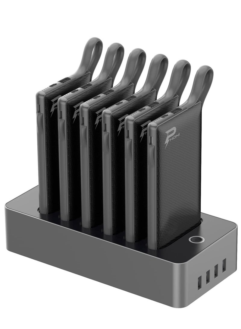 Phoni Power Bank Charger Station 6in1 Portable Battery Pack Built In Cable Compatible with Lightning USB-C Micro USB Fast Charging - Image 2
