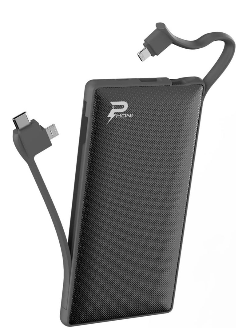 Phoni Power Bank Charger Station 6in1 Portable Battery Pack Built In Cable Compatible with Lightning USB-C Micro USB Fast Charging - Image 4