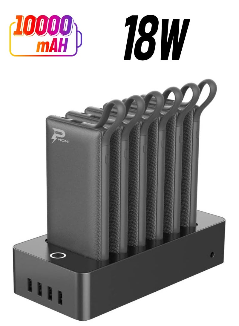 Phoni Power Bank Charger Station 6in1 Portable Battery Pack Built In Cable Compatible with Lightning USB-C Micro USB Fast Charging - Image 1
