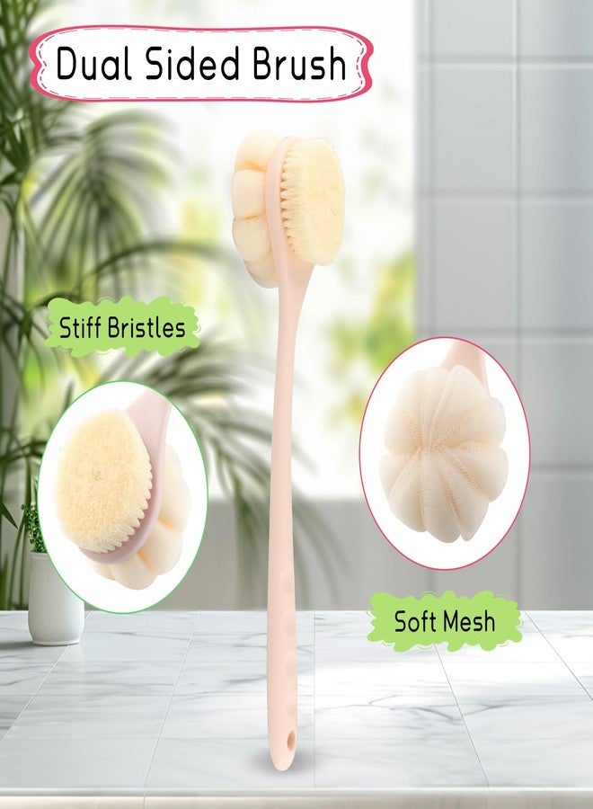 BOSMIOW 2-Pack Pink Double Sided Bath Brush with Soft Bristles and Loofah,Long Handle Back Scrubber,Exfoliating Back Shower Brush for Women and Men - Image 3