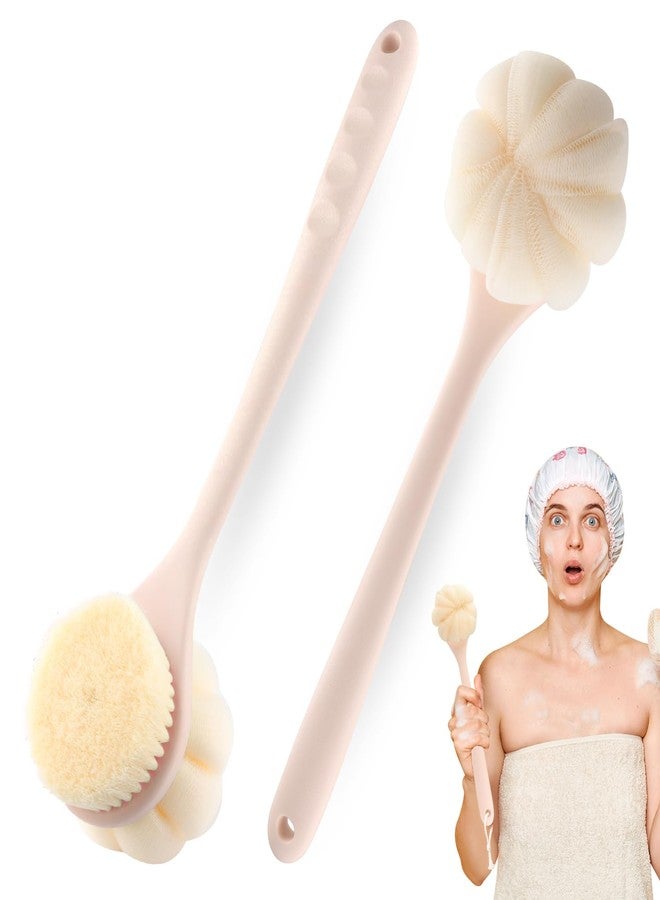BOSMIOW 2-Pack Pink Double Sided Bath Brush with Soft Bristles and Loofah,Long Handle Back Scrubber,Exfoliating Back Shower Brush for Women and Men - Image 1