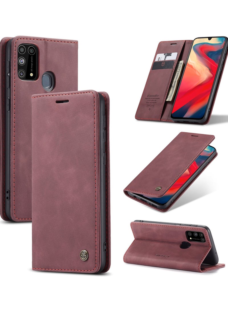 Phone Case Compatible for Samsung Galaxy M31 / M21S, Protector Scratch Resistant Leather Kickstand Card Slots Money Pocket Red - Image 1