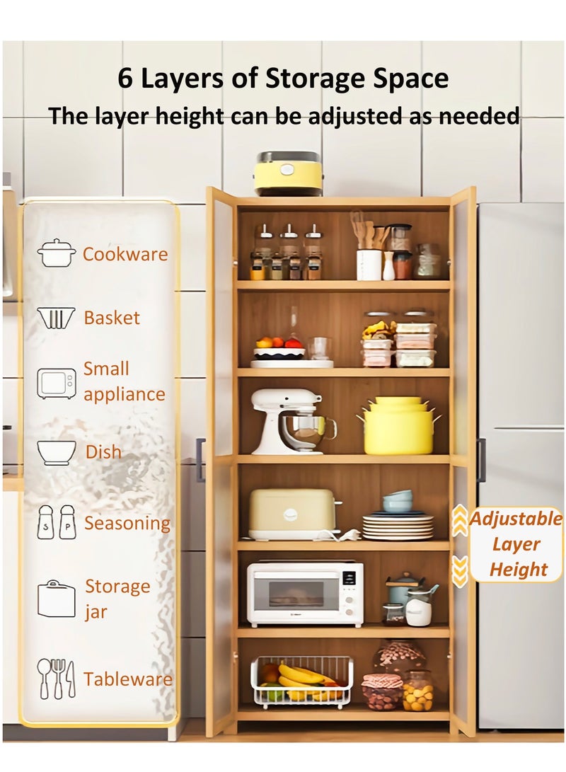 YY-ريشير 6 طبقات خزانة المطبخ الجانبية، الخيزران رف الكتب عرض خزانة التخزين مع الباب، خزانة الزاوية الخزانة لغرفة المعيشة، المطبخ - Image 2