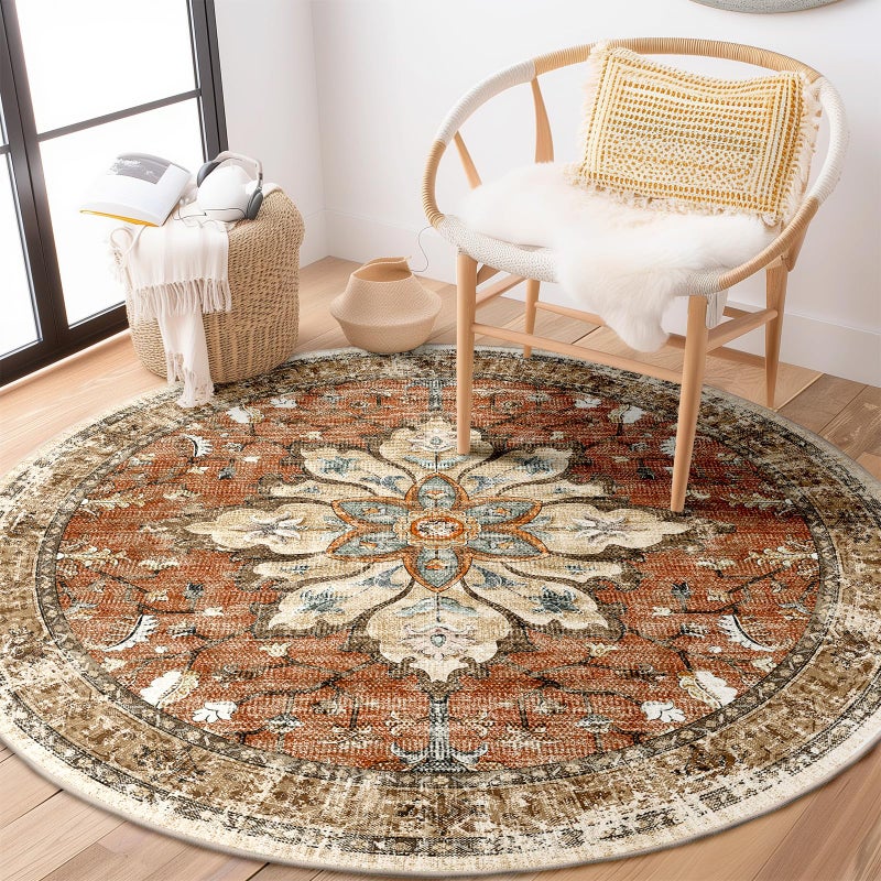 RELEANY 6ft Round Rug  Area Rugs 6ft  Washable Rug  Non-Slip  Rugs for Living Room  Rugs for Bedroom  Circle Rug  Vintage Rugs Boho Floral Medallion  Low Pile  Soft  Brick Red Rust Red Neutral - Image 1