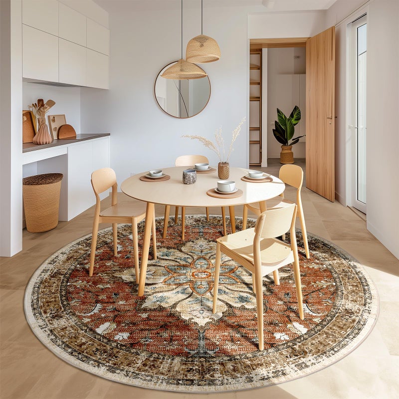 RELEANY 6ft Round Rug  Area Rugs 6ft  Washable Rug  Non-Slip  Rugs for Living Room  Rugs for Bedroom  Circle Rug  Vintage Rugs Boho Floral Medallion  Low Pile  Soft  Brick Red Rust Red Neutral - Image 3
