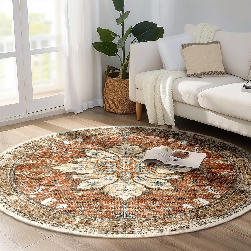 RELEANY 6ft Round Rug  Area Rugs 6ft  Washable Rug  Non-Slip  Rugs for Living Room  Rugs for Bedroom  Circle Rug  Vintage Rugs Boho Floral Medallion  Low Pile  Soft  Brick Red Rust Red Neutral - Image 4
