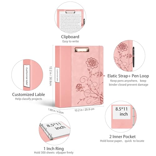 KLLVE 3 Ring Binder 1 Inch, Leather Binders with Clipboards, KLLVE Three Ring Binder with 10 Pocket Divider(Pink, Letter Size) - Image 2