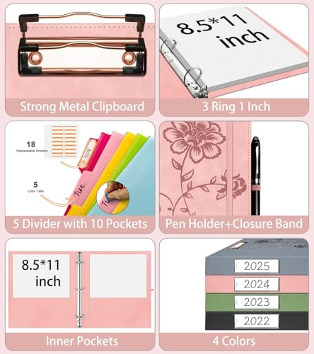 KLLVE 3 Ring Binder 1 Inch, Leather Binders with Clipboards, KLLVE Three Ring Binder with 10 Pocket Divider(Pink, Letter Size) - Image 5