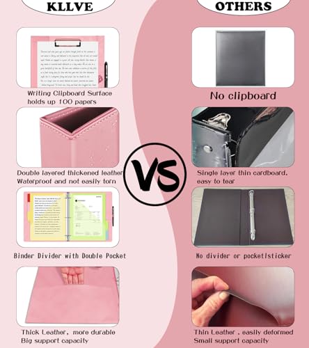KLLVE 3 Ring Binder 1 Inch, Leather Binders with Clipboards, KLLVE Three Ring Binder with 10 Pocket Divider(Pink, Letter Size) - Image 4