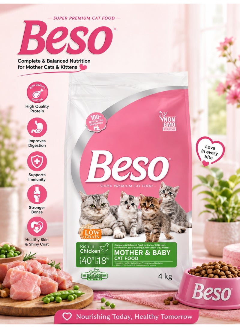 Beso Super Premium Mother & Baby Cat Food Rich in Chicken 4kg – Low Grain and Non-GMO Complete & Balanced Diet for Mother Cats and Newborn Kittens from 1-4 Months. - Image 1