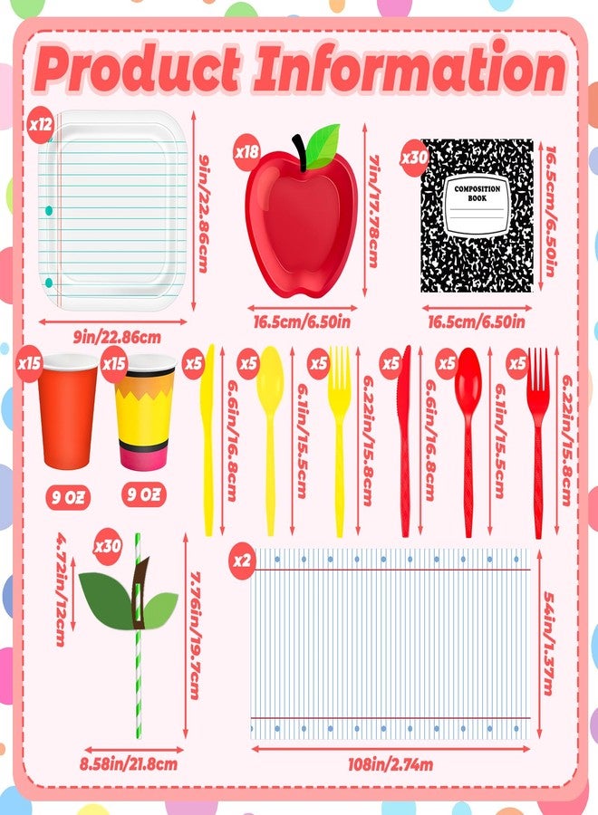 Demonwer 242 Pcs Preschool Graduation Party Decoration Apple Paper Plates Notebook Disposable Tablecloth and Napkins Pencil Cups Tableware Sets for 30 Guests Kindergarten Graduation Party Supplies - Image 2