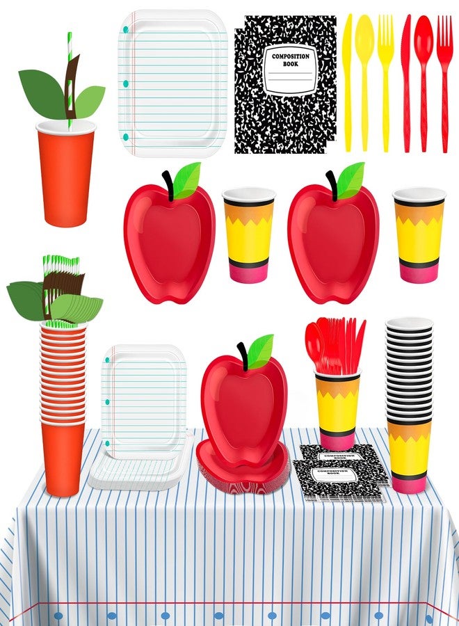 Demonwer 242 Pcs Preschool Graduation Party Decoration Apple Paper Plates Notebook Disposable Tablecloth and Napkins Pencil Cups Tableware Sets for 30 Guests Kindergarten Graduation Party Supplies - Image 1