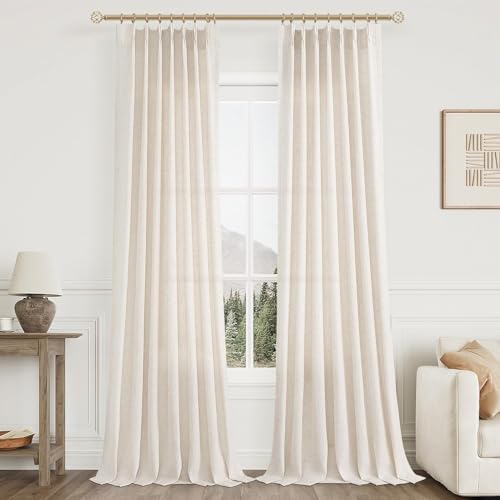 Aersas 102 Inch Long Curtains Pinch Pleat Linen Curtains for Living Room 2 Panels Set Natural Cream Semi Sheer Light Filtering Boho Neutral 102 Inch Pleated Curtain with Hooks Floor Ceiling Bedroom Window - Image 2