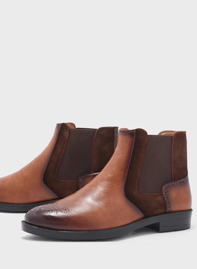 Robert Wood Brogue Design Formal Chelsea Boots