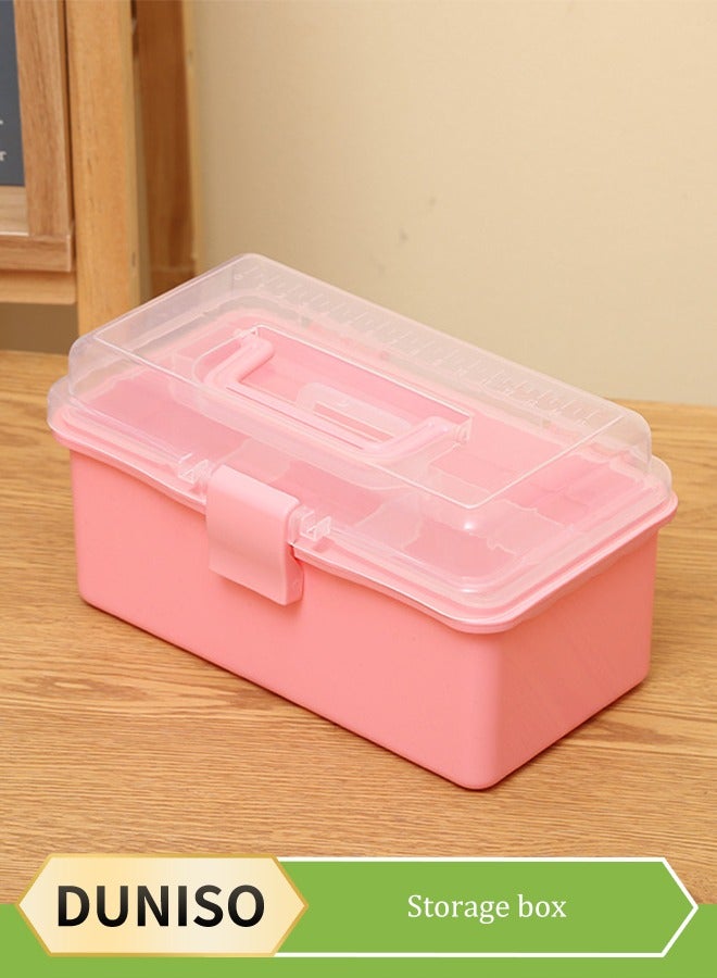 DUNISO 3-Layer Clear Art Storage Box Craft Organizer, Versatile 3-Layer Folding Organizer Box Multipurpose Stationery Storage Box With Hidden Handle,Large Capacity Storage Box for Accessories, toys, cosmetics, pharmaceuticals, stationery（pink）  - Image 1