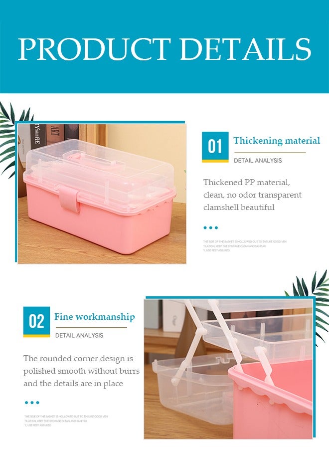 DUNISO 3-Layer Clear Art Storage Box Craft Organizer, Versatile 3-Layer Folding Organizer Box Multipurpose Stationery Storage Box With Hidden Handle,Large Capacity Storage Box for Accessories, toys, cosmetics, pharmaceuticals, stationery（pink）  - Image 4