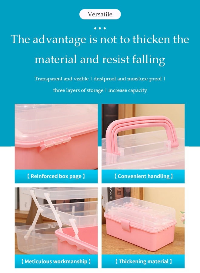 DUNISO 3-Layer Clear Art Storage Box Craft Organizer, Versatile 3-Layer Folding Organizer Box Multipurpose Stationery Storage Box With Hidden Handle,Large Capacity Storage Box for Accessories, toys, cosmetics, pharmaceuticals, stationery（pink）  - Image 3