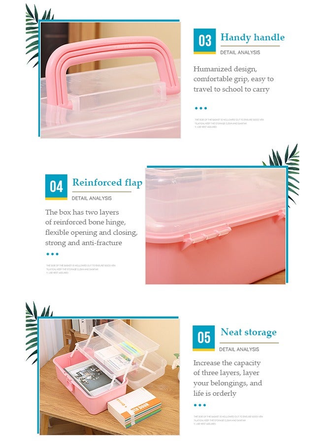 DUNISO 3-Layer Clear Art Storage Box Craft Organizer, Versatile 3-Layer Folding Organizer Box Multipurpose Stationery Storage Box With Hidden Handle,Large Capacity Storage Box for Accessories, toys, cosmetics, pharmaceuticals, stationery（pink）  - Image 5
