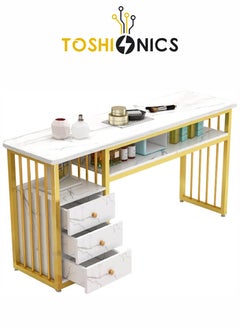 Toshionics 3 Tier Storage Shelves Manicure Table with White Marble Top Gold Metal Frame Nail Desk Workstation Beauty Technician Desk for Home Nail Tech Makeup Beauty Spa Salon Equipment Nail Beauty Supplies Organizer  - Image 1