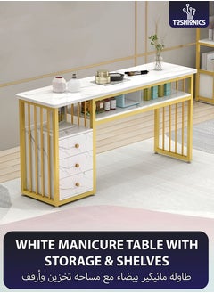 Toshionics 3 Tier Storage Shelves Manicure Table with White Marble Top Gold Metal Frame Nail Desk Workstation Beauty Technician Desk for Home Nail Tech Makeup Beauty Spa Salon Equipment Nail Beauty Supplies Organizer  - Image 1