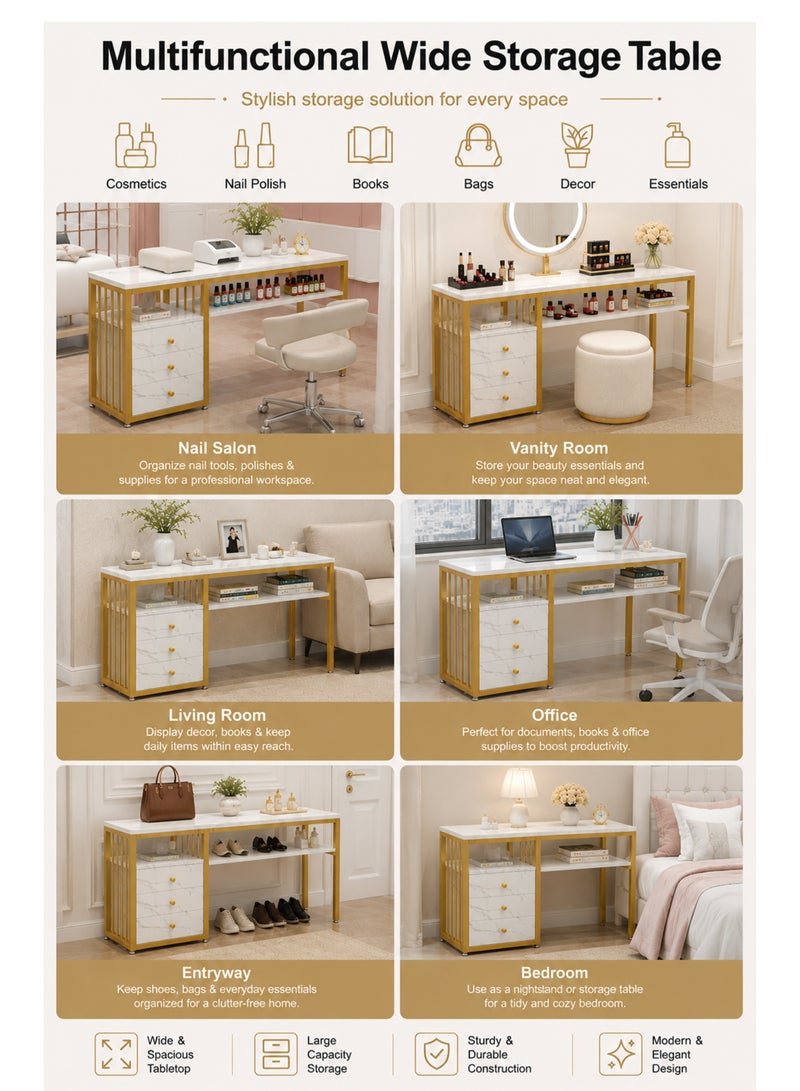 Toshionics 3 Tier Storage Shelves Home Office Table with White Faux Marble Top Gold Metal Frame Nail Desk Workstation Beauty Technician Desk for Home Office Kitchen and Nail Tech Makeup Beauty Spa Salon Equipment Nail Beauty Supplies Organizer Manicure Table - Image 3