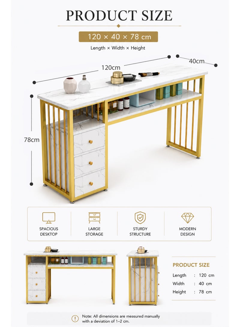 Toshionics 3 Tier Storage Shelves Home Office Table with White Faux Marble Top Gold Metal Frame Nail Desk Workstation Beauty Technician Desk for Home Office Kitchen and Nail Tech Makeup Beauty Spa Salon Equipment Nail Beauty Supplies Organizer Manicure Table - Image 2