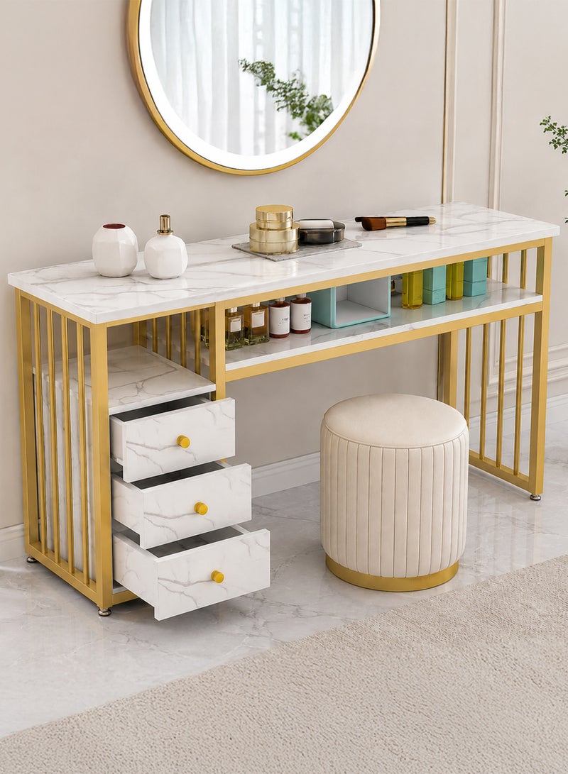 Toshionics 3 Tier Storage Shelves Home Office Table with White Faux Marble Top Gold Metal Frame Nail Desk Workstation Beauty Technician Desk for Home Office Kitchen and Nail Tech Makeup Beauty Spa Salon Equipment Nail Beauty Supplies Organizer Manicure Table - Image 1