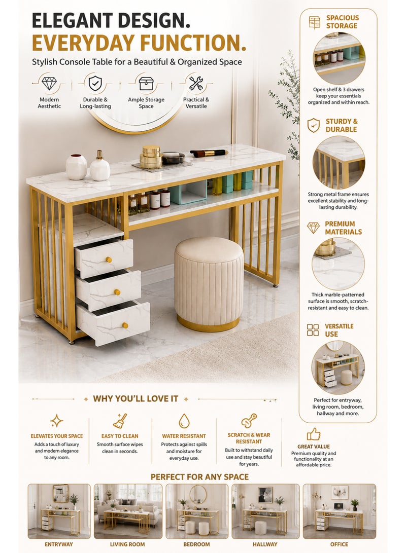 Toshionics 3 Tier Storage Shelves Home Office Table with White Faux Marble Top Gold Metal Frame Nail Desk Workstation Beauty Technician Desk for Home Office Kitchen and Nail Tech Makeup Beauty Spa Salon Equipment Nail Beauty Supplies Organizer Manicure Table - Image 4
