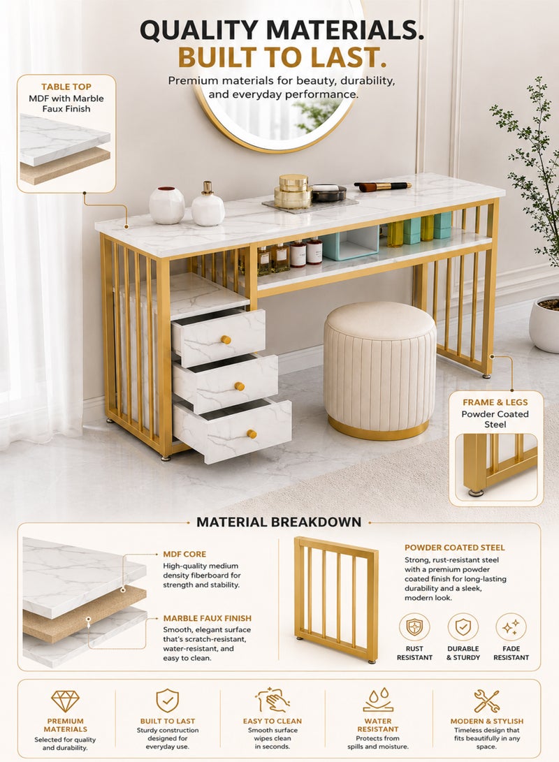 Toshionics 3 Tier Storage Shelves Home Office Table with White Faux Marble Top Gold Metal Frame Nail Desk Workstation Beauty Technician Desk for Home Office Kitchen and Nail Tech Makeup Beauty Spa Salon Equipment Nail Beauty Supplies Organizer Manicure Table - Image 5