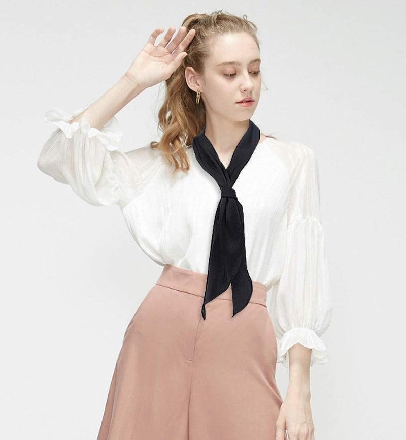 GERINLY Solid Color Long Neckerchief Pure Skinny Scarf Necktie for 50's Costume Party Black Silk Scarf Belts for Hair (Black) - Image 4