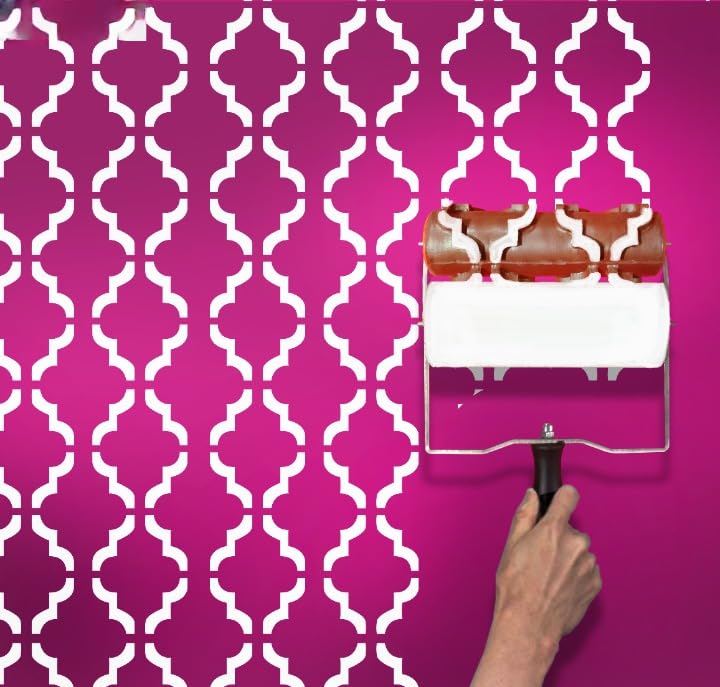 DECORZE Design Paint Roller with Moroccan Quatrefoil Pattern – Reusable Decorative Wall Texture Roller for DIY Home Décor, Accent Walls, Furniture, and Crafts – Durable Embossed Stencil Painting Tool - Image 1