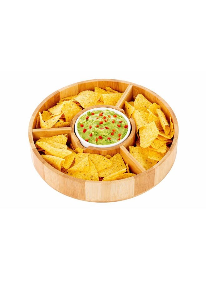 Strova 12 Inch Organic Bamboo Chip and Dip Serving Platter Set w/Ceramic Dip Bowl | Round Appetizer Server for Event Use | Salsa, Taco Chip, Guacamole, Vegetable, Snacks, and Cheese Serving Tray - Image 2