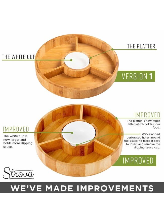 Strova 12 Inch Organic Bamboo Chip and Dip Serving Platter Set w/Ceramic Dip Bowl | Round Appetizer Server for Event Use | Salsa, Taco Chip, Guacamole, Vegetable, Snacks, and Cheese Serving Tray - Image 3