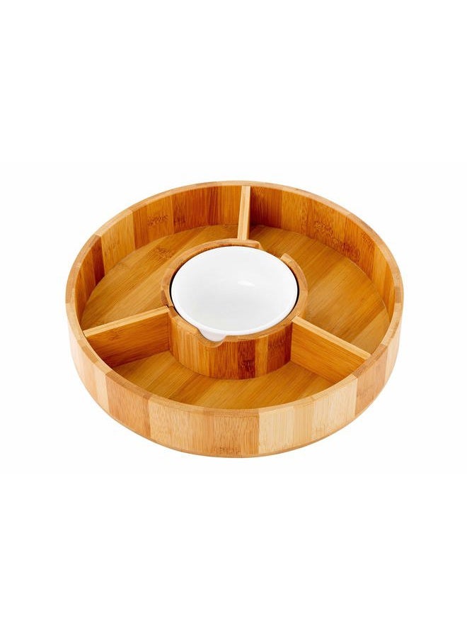 Strova 12 Inch Organic Bamboo Chip and Dip Serving Platter Set w/Ceramic Dip Bowl | Round Appetizer Server for Event Use | Salsa, Taco Chip, Guacamole, Vegetable, Snacks, and Cheese Serving Tray - Image 1