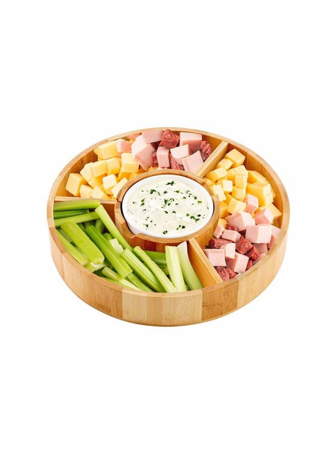 Strova 12 Inch Organic Bamboo Chip and Dip Serving Platter Set w/Ceramic Dip Bowl | Round Appetizer Server for Event Use | Salsa, Taco Chip, Guacamole, Vegetable, Snacks, and Cheese Serving Tray - Image 4